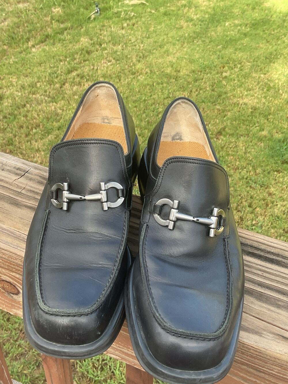 Salvatore Ferragamo Leather Loafers Black Mens 11D Horse Bit Buckle Lug Sole